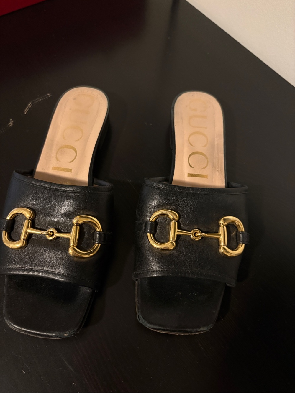 Gucci Black Leather Slide Mules with Gold Horsebit
